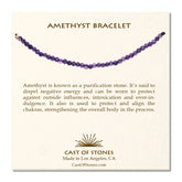 A cream, Cast of Stones-branded backing card holds a crystal-beaded bracelet labelled "Amethyst Bracelet". There is an informational paragraph below the bracelet detailing the properties of the crystal and its benefits.