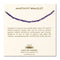 A cream, Cast of Stones-branded backing card holds a crystal-beaded bracelet labelled "Amethyst Bracelet". There is an informational paragraph below the bracelet detailing the properties of the crystal and its benefits.