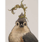 Painting of a tufted titmouse wearing foliage as a hat, on a beige background.