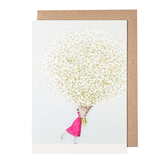 White card with a watercolor painting of a small woman carrying an oversized bouquet of baby's breath.