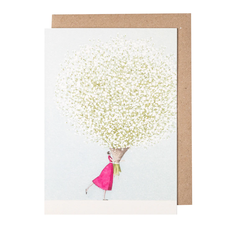 White card with a watercolor painting of a small woman carrying an oversized bouquet of baby's breath.