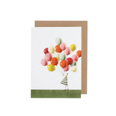 Watercolor painting of a woman in a striped dress carrying a bunch of balloons.