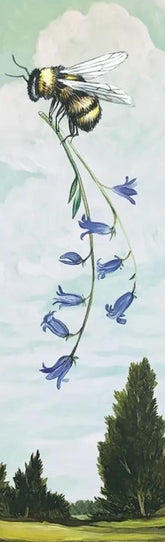 A botanical-style illustration showing a bumblebee carrying a Canterbury bell, set against a pale sky and trees below.