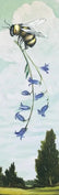 A botanical-style illustration showing a bumblebee carrying a Canterbury bell, set against a pale sky and trees below.
