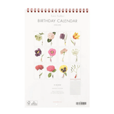 Back of a top flip calendar with previews of each month's picture. Each month is a different watercolor painting of a person holding an oversized flower. The text above the previews reads:
"Laura Stoddart
Birthday Calendar
England".