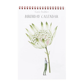 Top flip calendar with a watercolor painting of a man holding an oversized Astrantia flower. The text above reads "Laura Stoddart Birthday Calendar".