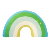 A rainbow-shaped knit pillow with concentric layers of cream, light blue, green, and medium blue on a plain white background.