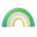 A rainbow-shaped knit pillow with concentric layers of cream, light blue, green, and medium blue on a plain white background.