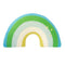 A rainbow-shaped knit pillow with concentric layers of cream, light blue, green, and medium blue on a plain white background.
