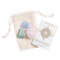Beige pouch with rose quartz, blue lace agate, and amazonite lying on top of it. A card with the Cast of Stones logo and the text "Calming & Anti-Anxiety Crystals and Stones" sits next to it against a white background.