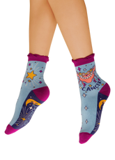 Berry and blue color block socks with a crab wearing pearls and pink high heels. "Cancer" written underneath the crab, with celestial elements around the socks. 