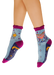 Berry and blue color block socks with a crab wearing pearls and pink high heels. "Cancer" written underneath the crab, with celestial elements around the socks. 