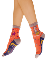 Orange blue and beige color block socks with a sea-goat. "Capricorn" is written underneath the sea-goat, with celestial elements around the socks.