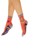 Orange blue and beige color block socks with a sea-goat. "Capricorn" is written underneath the sea-goat, with celestial elements around the socks.