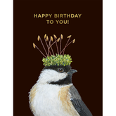 A painting of a chickadee with a crown of sprouts, in front of a black background. Text above reads "Happy birthday to you!"