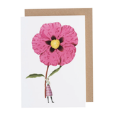 White card with a watercolor painting of a small woman holding an oversized hot pink cistus flower.