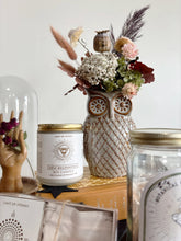 A styled tabletop scene featuring a ceramic owl-shaped vase filled with dried flowers, next to a white soy candle jar labeled Cast of Stones' New Beginnings, with other decorative jars and a glass cloche in the background.