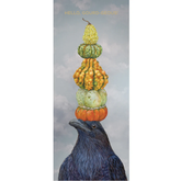 Painting of a crow with 5 gourds atop its head, in front of a dark cloudy background. Text above reads "Hello, gourd-geous!"