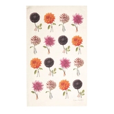 A beige tea towel featuring a grid of sixteen mini illustrations of people holding oversized dahlias in orange, magenta, and dark purple, with green stems and leaves. 