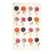 A beige tea towel featuring a grid of sixteen mini illustrations of people holding oversized dahlias in orange, magenta, and dark purple, with green stems and leaves. 