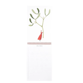 Open top flip calendar. Top page is a painting of a woman holding an oversized sprig of mistletoe. Bottom page reads "December", with lines for each date underneath.
