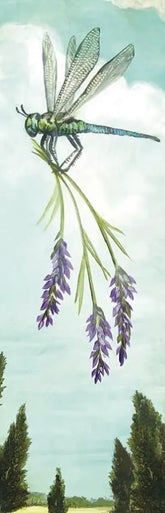 A botanical-style illustration showing a green dragonfly carrying a bundle of lavender, set against a pale sky and dark tree silhouettes along the bottom.