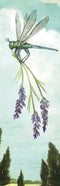 A botanical-style illustration showing a green dragonfly carrying a bundle of lavender, set against a pale sky and dark tree silhouettes along the bottom.
