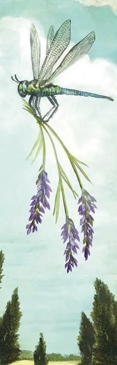 A botanical-style illustration showing a green dragonfly carrying a bundle of lavender, set against a pale sky and dark tree silhouettes along the bottom.
