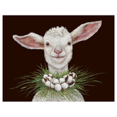 A painting of a lamb with a cotton necklace, in front of a black background.