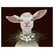 A painting of a lamb with a cotton necklace, in front of a black background.