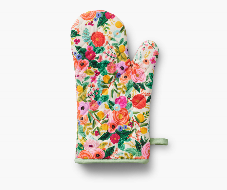 Oven Mitt with floral pattern on white background.