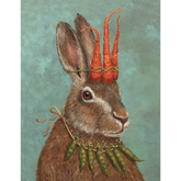 Painting of a hare with a crown made of carrots, and a necklace made of garden peas against a blue background.
