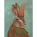 Painting of a hare with a crown made of carrots, and a necklace made of garden peas against a blue background.