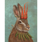 Painting of a hare with a crown made of carrots, and a necklace made of garden peas against a blue background.