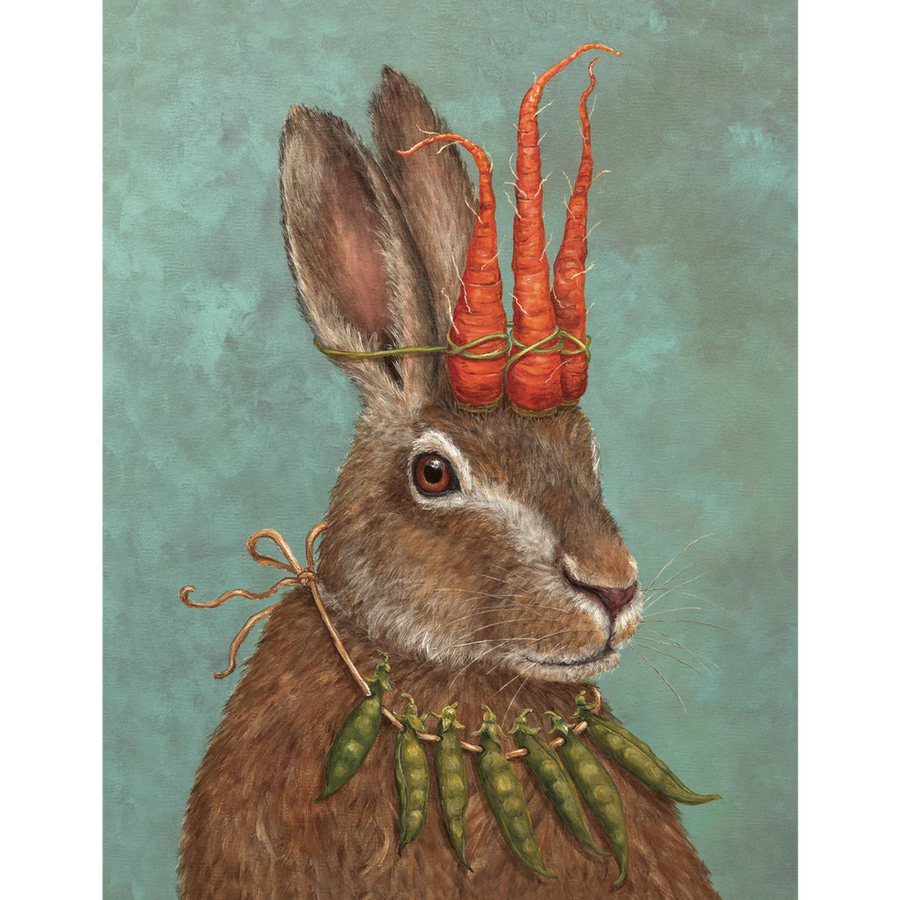 Painting of a hare with a crown made of carrots, and a necklace made of garden peas against a blue background.
