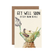 Illustration of a dog with a cone around its neck, drinking from a cocktail shaker. Text above reads "Get well soon (a stiff drink helps!)"
