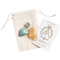 Beige pouch with citrine, green adventurine and pyrite lying on top of it. A card with the Cast of Stones logo and the text "Good Luck Crystals and Stones" sits next to it against a white background.