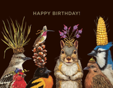 A squirrel surrounded by birds, each with their own flower seed and vegetable hats, against a black background. The text above reads "Happy birthday!"