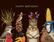 A squirrel surrounded by birds, each with their own flower seed and vegetable hats, against a black background. The text above reads "Happy birthday!"
