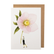 White card with a watercolor painting of a small man carrying an oversized light pink hellebore. 