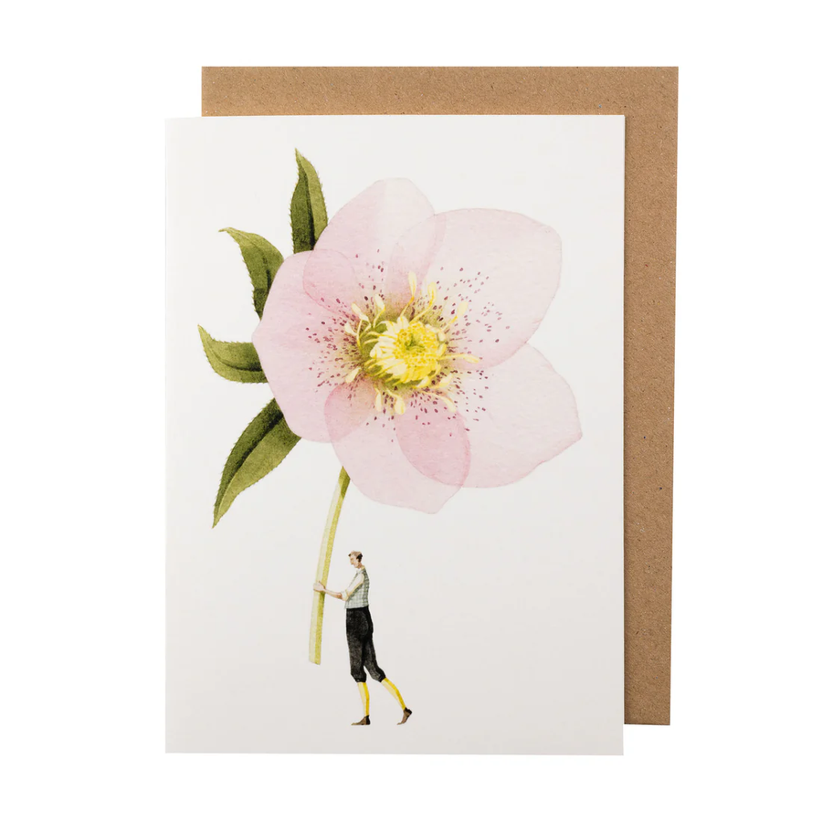 White card with a watercolor painting of a small man carrying an oversized light pink hellebore. 