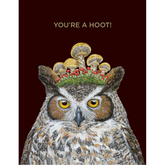 Painting of an own with a crown of mushrooms on a black background. The text above reads "You're a hoot!"