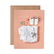 Pink greeting card with baby clothes and toys, with the words "Hello little gal".
