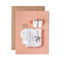 Pink greeting card with baby clothes and toys, with the words "Hello little gal".