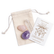 Beige pouch with rose quartz, amethyst, and quartz lying on top of it. A card with the Cast of Stones logo and the text "Love & Happiness Crystals and Stones" sits next to it against a white background.