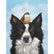A border collie with a sparrow top its head, against a blue sky with clouds in the background.