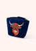 Navy blue pouch with embroidered highland cow design on a white background