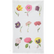 A white tea towel featuring a printed grid of nine colorful flowers, including tulips, poppies, and hydrangeas, with tiny figures standing beside each bloom. 