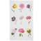 A white tea towel featuring a printed grid of nine colorful flowers, including tulips, poppies, and hydrangeas, with tiny figures standing beside each bloom. 