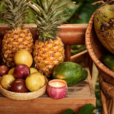 A pink tin candle surrounded by pineapples, passionfruit, and mangoes, on top of wicker and wood furniture. 